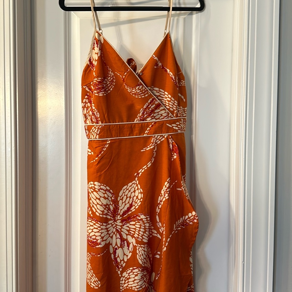 Long floral maxi dress burnt orange and cream tie in back size XS